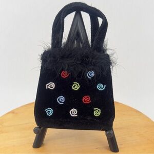 Vintage 1990s Black Velvet Twirl Beaded Feathery Mini Purse, Crossbody Handbag